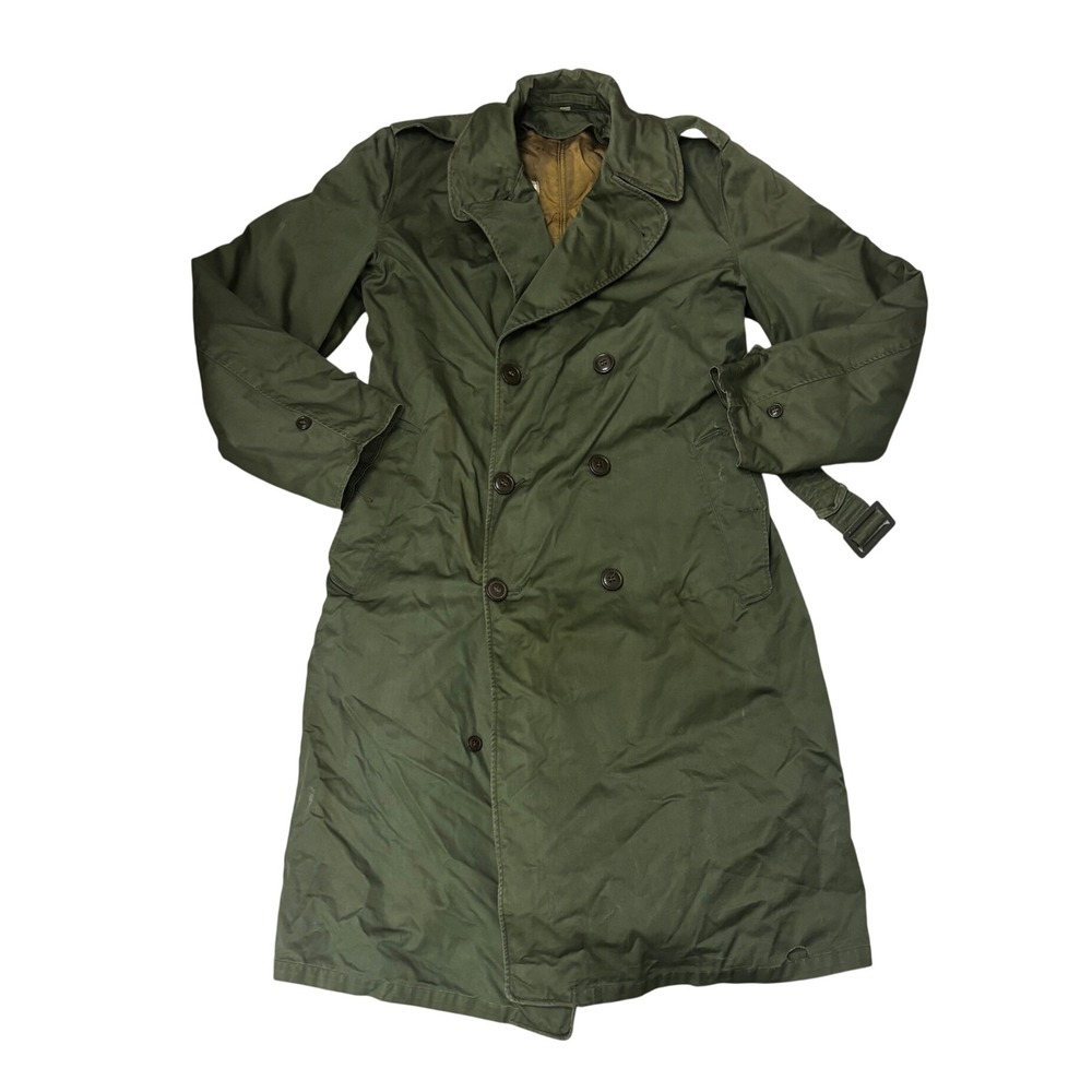 Vintage Military Trench Coat Olive Drab Green Double Breasted Overcoat Long Med